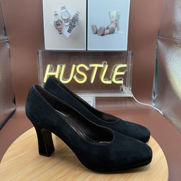 Salvatore Ferragamo Black Suede Platform Block Heel Pumps Size 9 AA - Picture 1 of 11